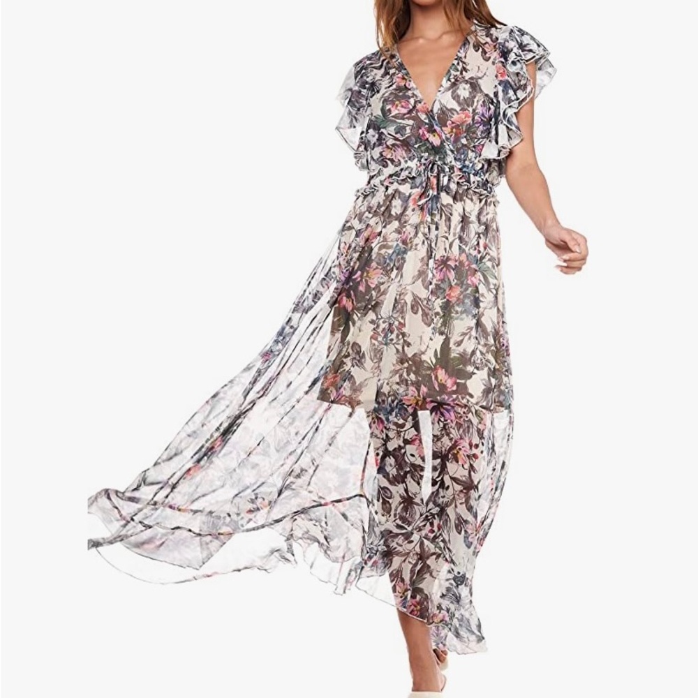 Tov Butterfly Sleeve Floral Ruffled Chiffon Midi Dress Size 4